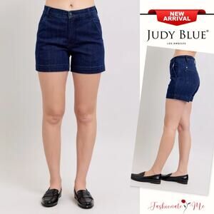 Judy Blue High Rise Waist Zipper Fly Pocketed Stretch Dark Washed Denim Shorts